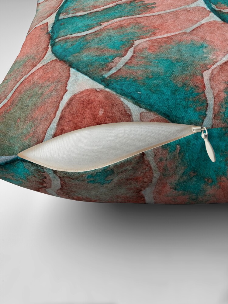 Thumbnail 2 of 4, Pillow, Pink and teal ammonite fossil watercolor designed and sold by RedFinchDesigns.