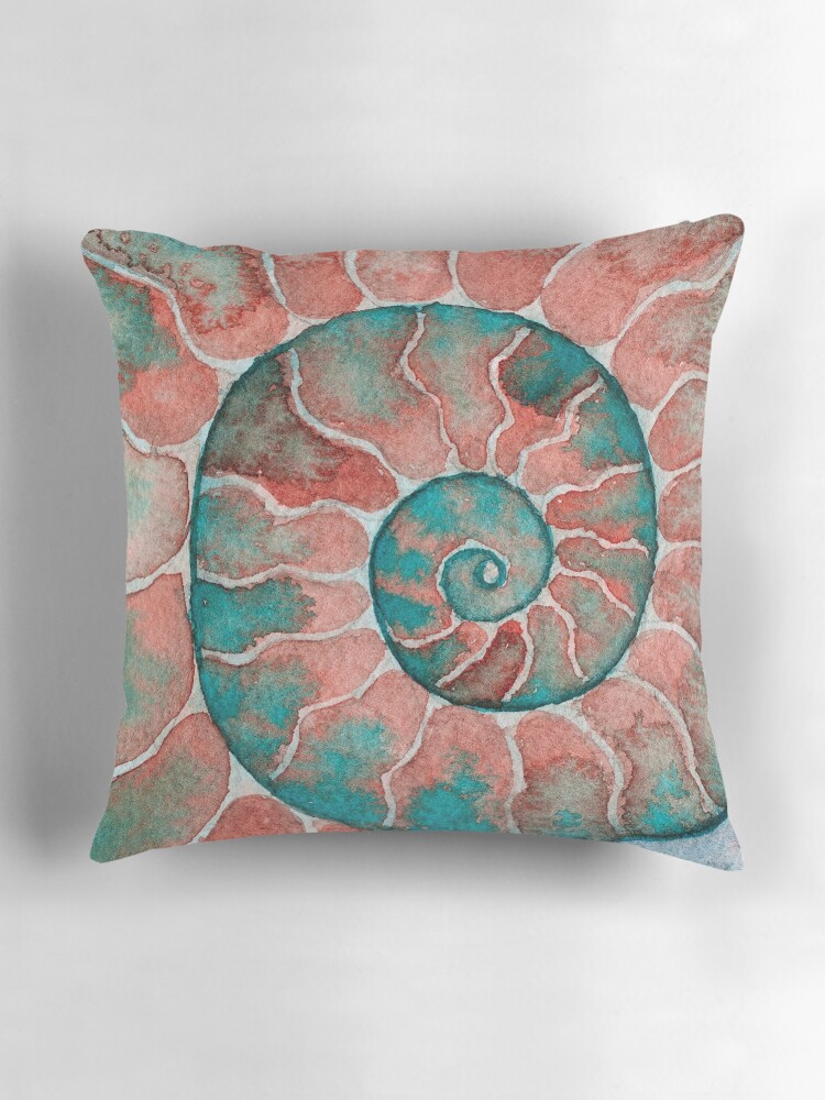 Thumbnail 3 of 4, Pillow, Pink and teal ammonite fossil watercolor designed and sold by RedFinchDesigns.