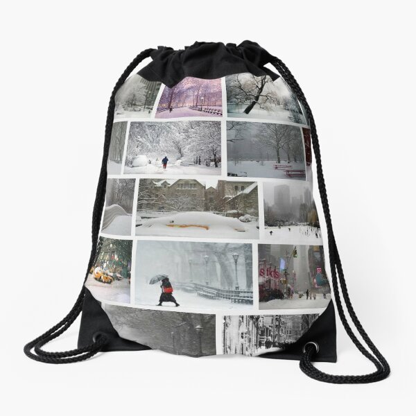 NY, New York, Snow, Collage, Adaptation, Winter, winter, snow, window, cold, outdoors, frost, nature, horizontal, no people, modern, water, non-urban scene, day Drawstring Bag