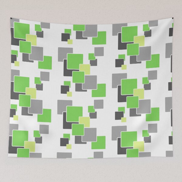 Item preview, repeating square pattern design,different sizes of squares,different colors used,shades of greens and greys,dark green and lemon green,simple repeating design,overlaping squares,mood describing designed and sold by Urban Binge.