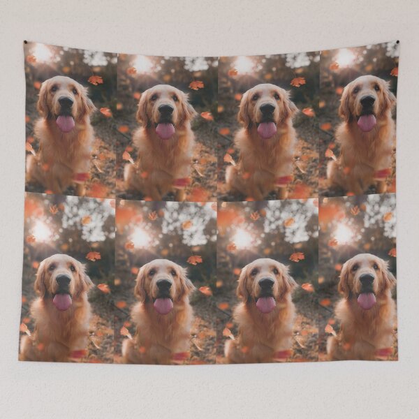 Item preview, Happy golden retriever in falling leaves designed and sold by DelightfulArts.