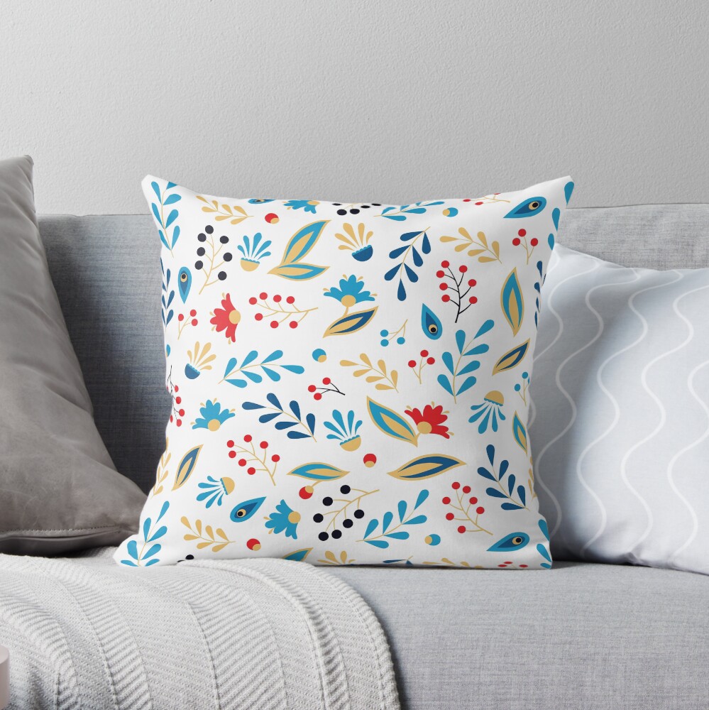Folk Leaves and Flowers Bright Throw Pillow