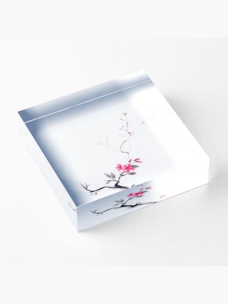 Alternate view of Oriental sumi-e ink painting of a sakura branch with pink flowers on white art print Acrylic Block