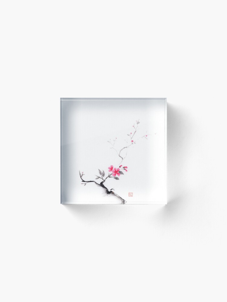 Alternate view of Oriental sumi-e ink painting of a sakura branch with pink flowers on white art print Acrylic Block