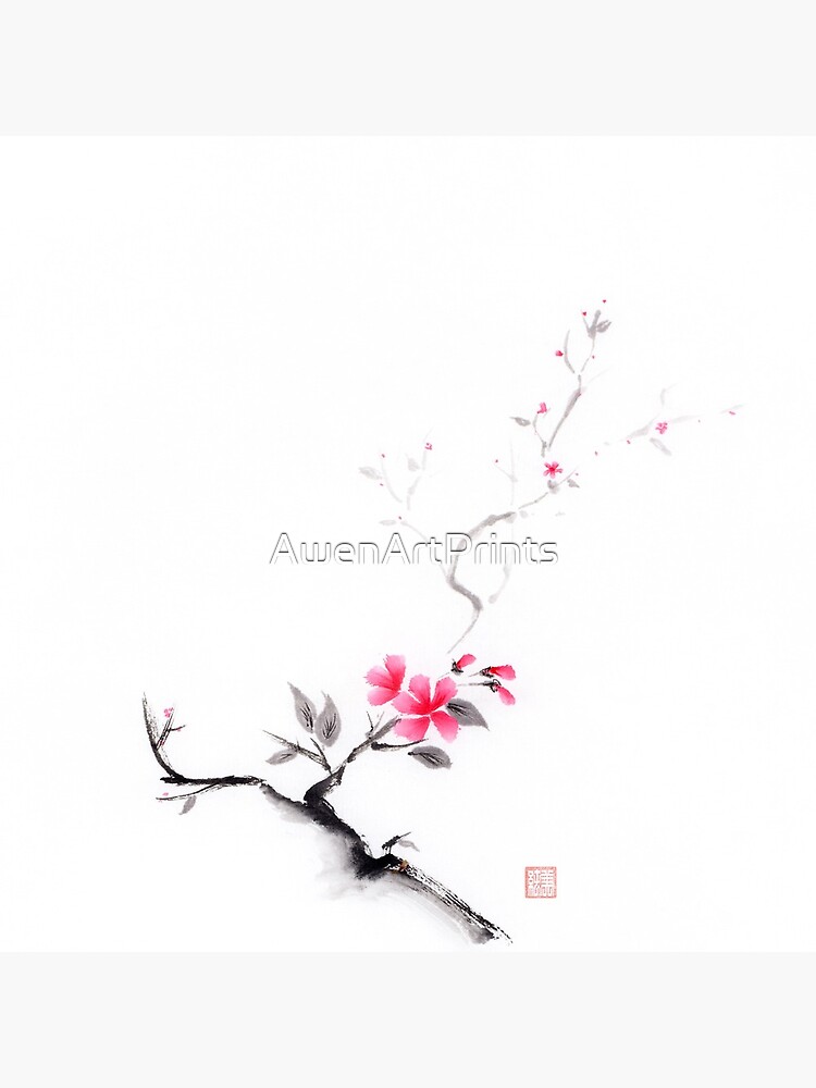 Oriental sumi-e ink painting of a sakura branch with pink flowers on white art print by AwenArtPrints