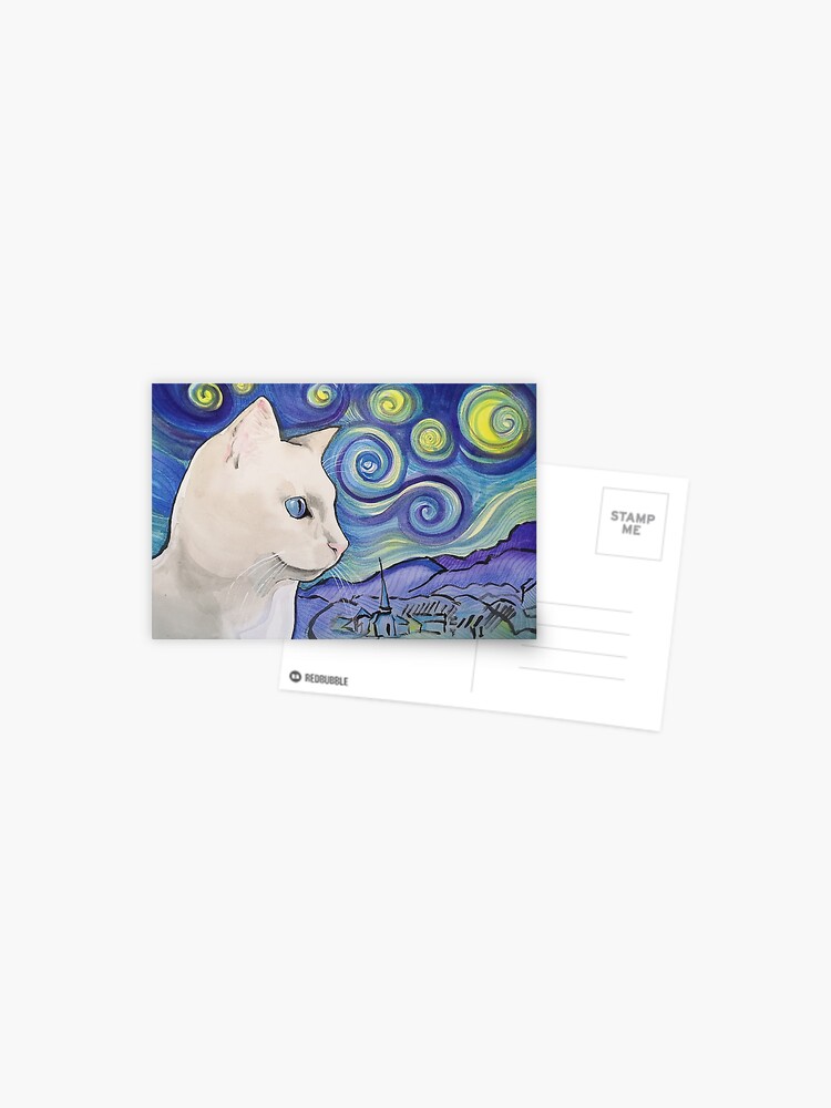 White cat on white snow Original watercolor postcard Pet Illustration greeting card White kitten portrait Running white cat winter evening