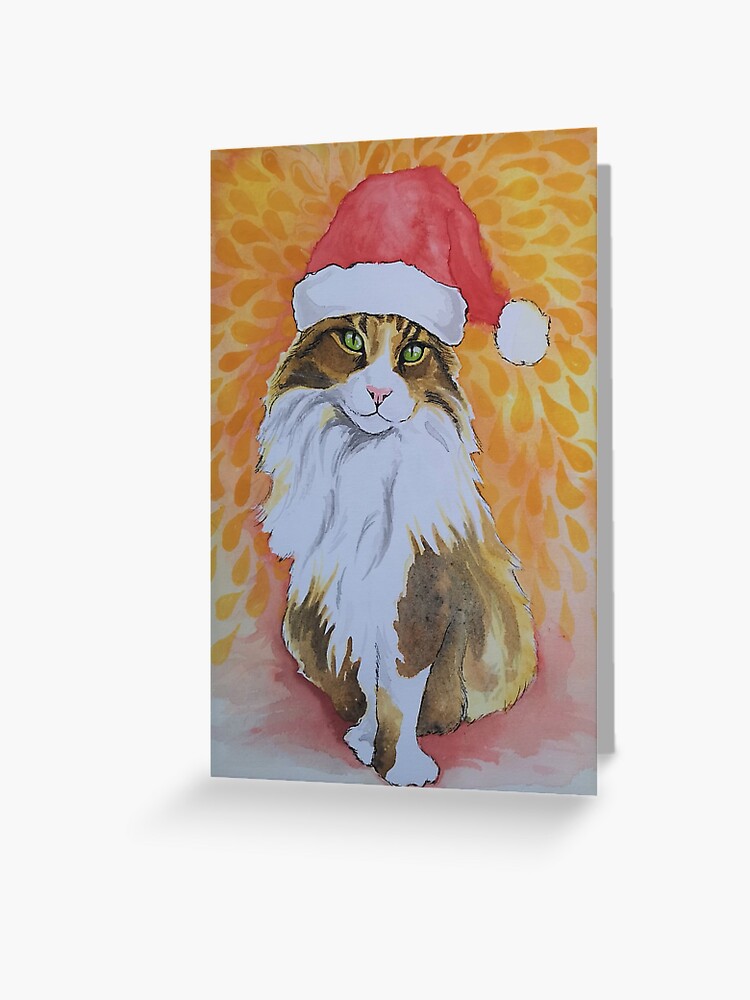 Carte De Vœux Santa Claws Maine Coon Dans Un Bonnet De Noel Aquarelle Par Jowhitenz Redbubble