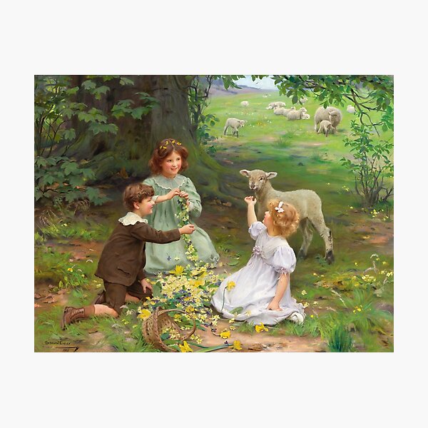 Arthur John Elsley - The Joy of Spring - Children Playing in Field with a Lamb Photographic Print