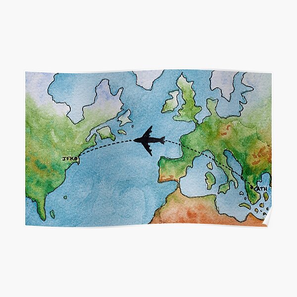 "World traveler Athens to New York flight map painting" Poster by