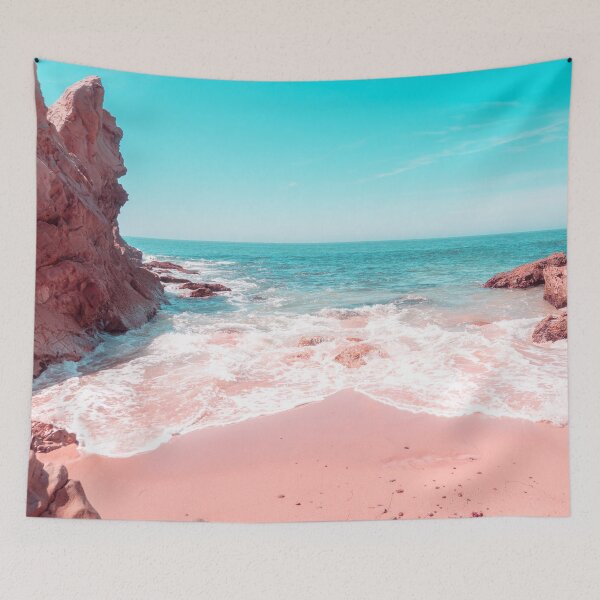 Aperçu de l'œuvre Transcending Reality - Rocky Beachscape en rose corail et turquoise créée et vendue par Georgia Mizuleva.