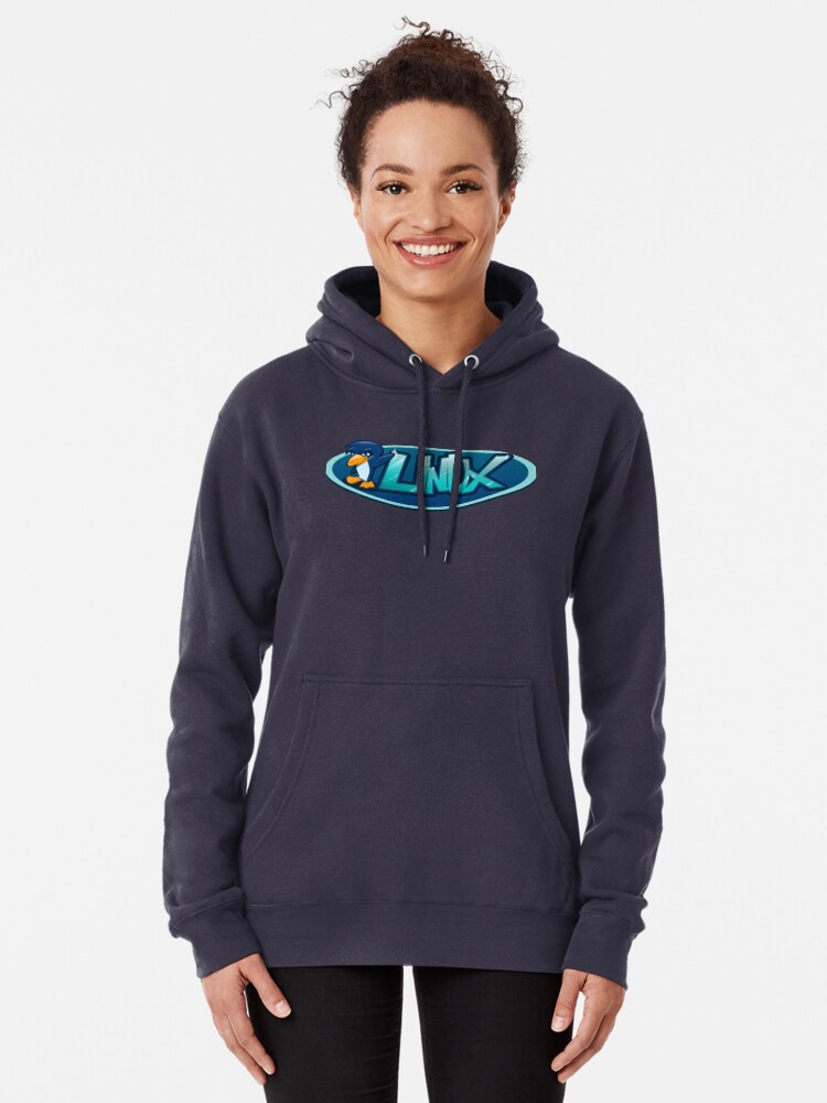 Alternate view of Linux Penguin Standing Next to Ice Blue Linux Logo Pullover Hoodie