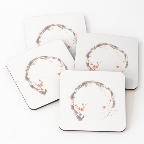Item preview, Artistic illustration of Enso circle in the form of the sakura branch with coral flowers on beige art print designed and sold by AwenArtPrints.
