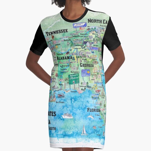 USA Southern States Travel Poster Map Florida Louisiana Mississippi Arkansas Carolinas Georgia Graphic T-Shirt Dress