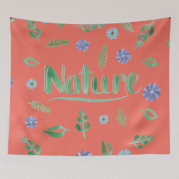 Item preview, Green Watercolor Brush Lettering - Nature with Leaves and Flowers on Living Coral designed and sold by Karen McFarland.