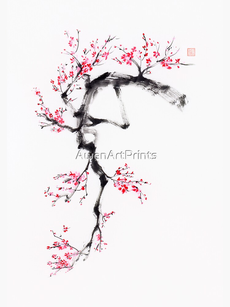 "Sumie ink painting of a bright cherry blossom branch with many pink