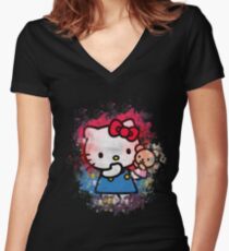Camiseta entallada de cuello en V Hello Kitty inspiró diseño con arte de acuarela