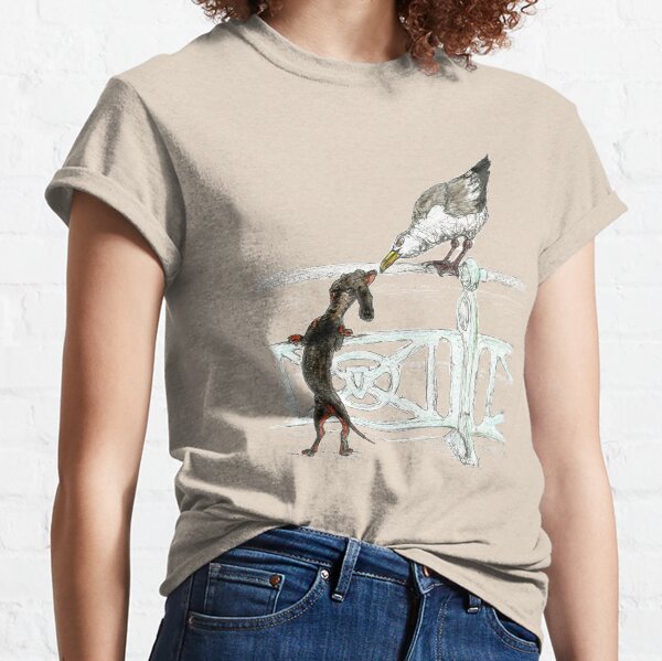 Dachshund and Seagull on Brighton Beach UK. Sausage dog by the sea. Classic T-Shirt