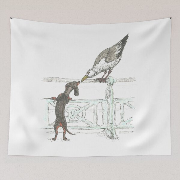 Item preview, Dachshund and Seagull on Brighton Beach UK. Sausage dog by the sea. designed and sold by CandyMedusa.