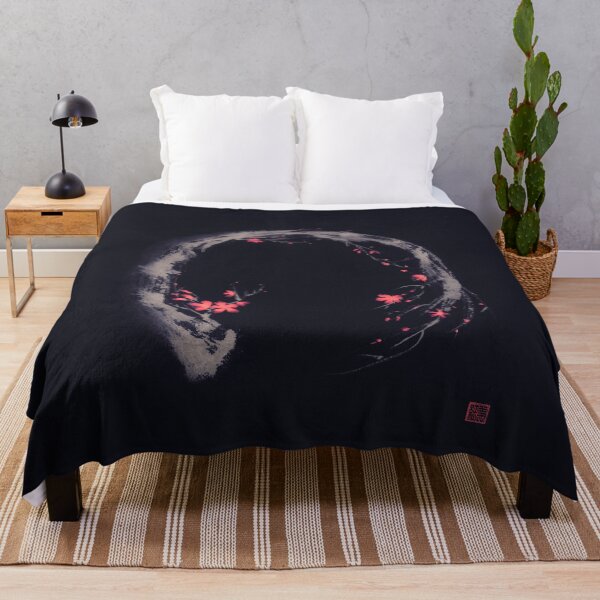 Item preview, Artistic design of Enso circle in shape of sakura branch with red flowers on black background sumi-e artwork art print designed and sold by AwenArtPrints.