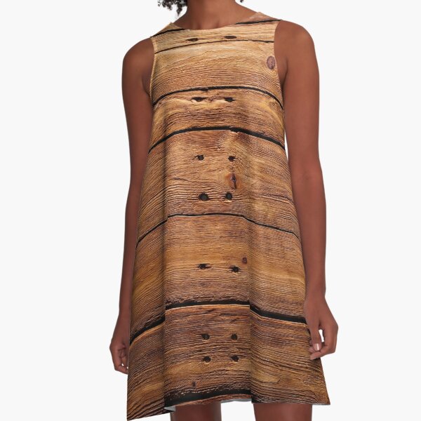 wood, hardwood, dark, log, carpentry, rough, pine, old, desk, horizontal, plank, flooring, wood paneling A-Line Dress