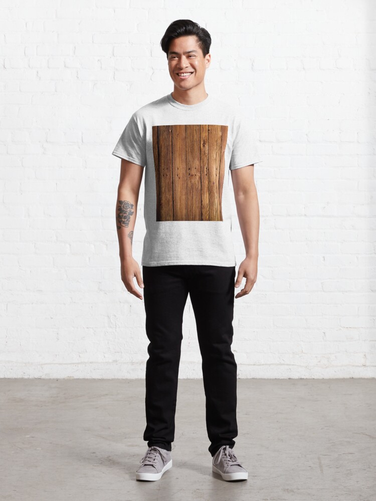 Alternate view of #wood, #hardwood, #dark, #log, carpentry, rough, pine, old, desk, horizontal, plank, flooring, wood paneling, backgrounds Classic T-Shirt