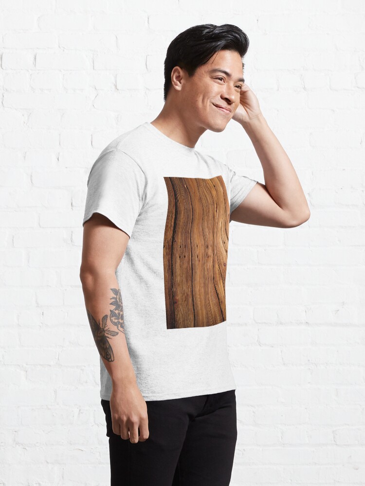 Alternate view of #wood, #hardwood, #dark, #log, carpentry, rough, pine, old, desk, horizontal, plank, flooring, wood paneling, backgrounds Classic T-Shirt
