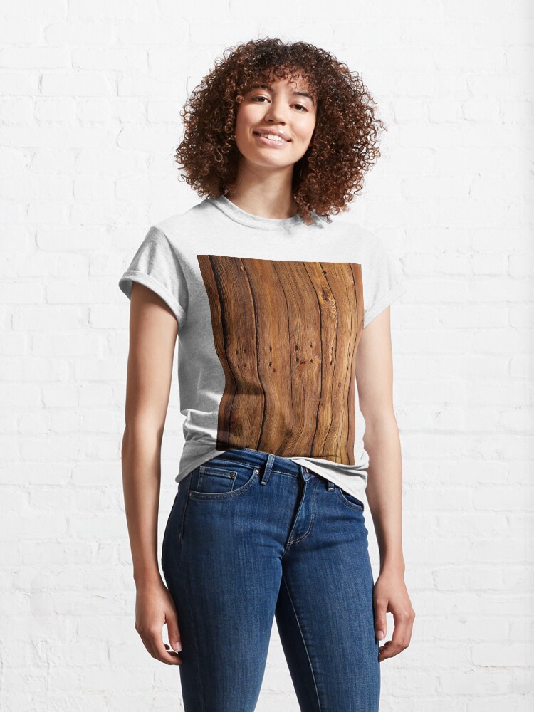 Alternate view of #wood, #hardwood, #dark, #log, carpentry, rough, pine, old, desk, horizontal, plank, flooring, wood paneling, backgrounds Classic T-Shirt