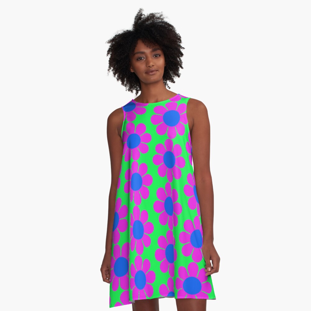 Pink Blue Hippie Flower Power Daisy A-Line Dress