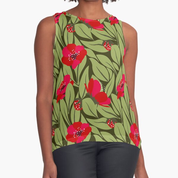 Red flowers on green leaves Sleeveless Top