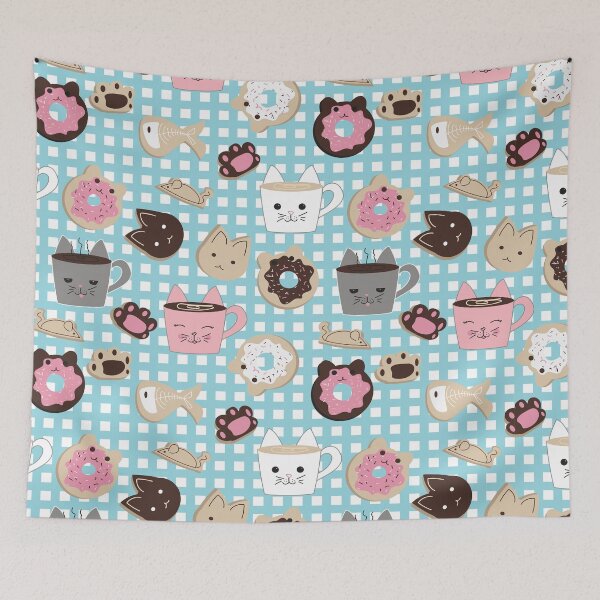 Aperçu de l'œuvre Motif répété de Kawaii Cat Cafe sur fond de carreaux turquoise créée et vendue par MMPlastic.