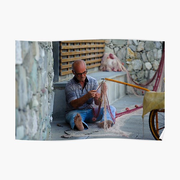 Fisherman fixing net in Monterosso, Cinque Terre, Italy Poster