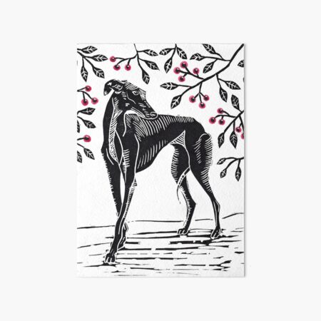 Beneath the Cherry Tree, Greyhound Linocut Art Board Print