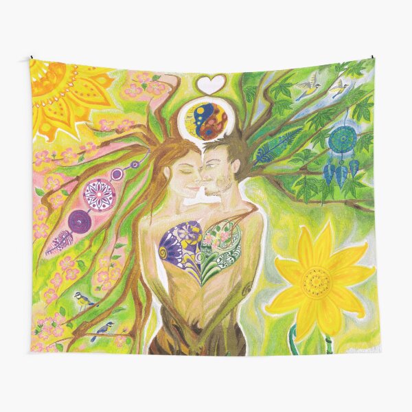 Trees of Life in Love Twin Flames Yin Yang Colored Pencils Tapestry