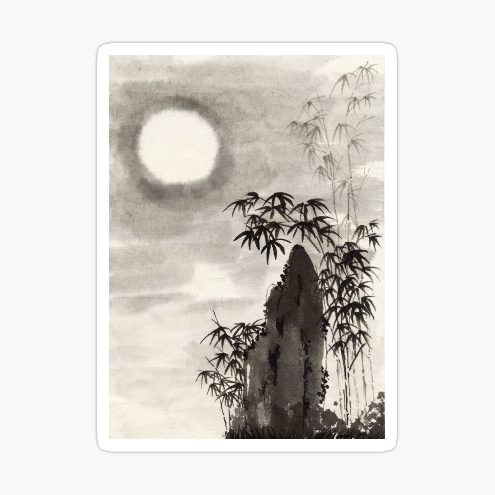 Japanese Night Moon Scenery Sumi-e 