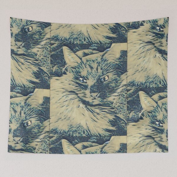 Item preview, Fluffy cat, in Hokusai style tiny waves. designed and sold by tinytiger77.