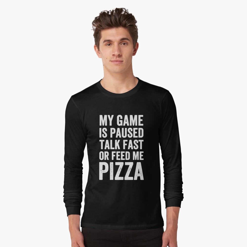 My game is paused talk fast or feed me pizza gaming t-shirt design. Online  video gamer t-shirt design. T-shirt design ideas. T-shirt design quotes pro  download 20913276 Vector Art at Vecteezy