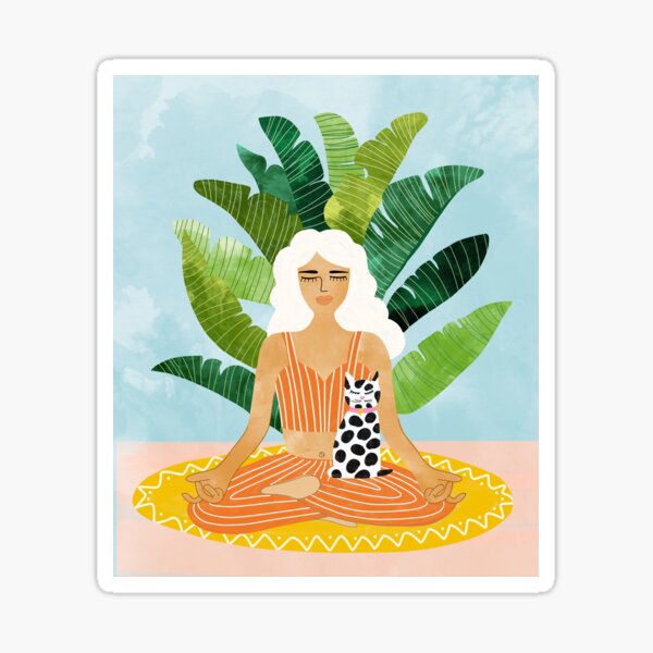 Item preview, Meditation With Thy Cat Poster | Blonde Woman of Color | Tropical Banana Leaves Quirky Pet Workou designed and sold by 83oranges.