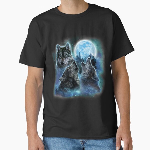 Vista previa del artículo con la obra «Tres lobos grises y un remolino helado de luna llena con Galaxy Space», diseñado y vendido por Fox-Republic.