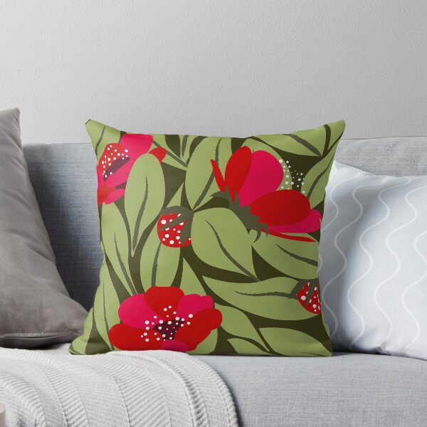 Red flowers on green leaves Throw Pillow