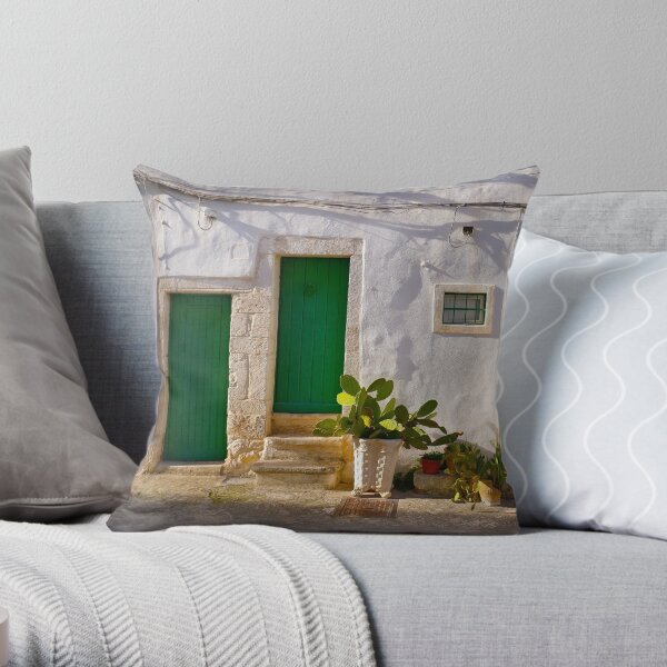 Green Doors and cactus, Ostuni, Italy Throw Pillow