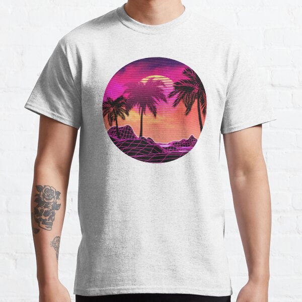 Pink vaporwave landscape with rocks and palms Classic T-Shirt