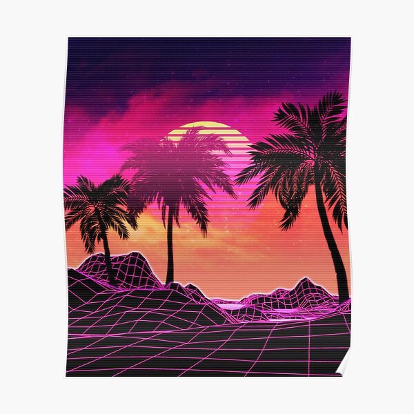 Pink vaporwave landscape with rocks and palms Poster