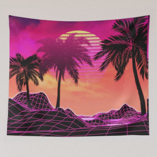 Item preview, Pink vaporwave landscape with rocks and palms designed and sold by AnnArtshock.