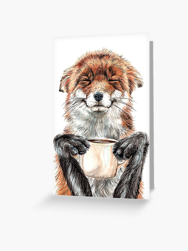 Thumbnail 1 of 2, Greeting Card, Morning Fox - cute coffee animal designed and sold by HollySimental.