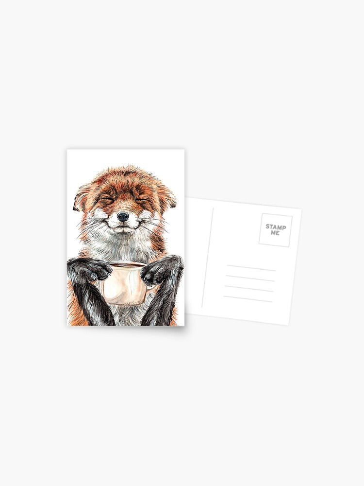 FUNNY RED FOX with COFFEE CUP Marshmallows Bird Mug New Unposted Postcard 