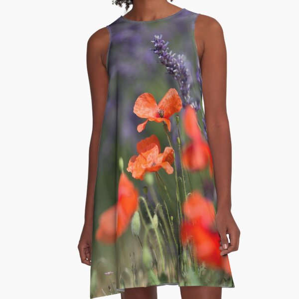 Mohnblumen und Lavendel A-Linien Kleid