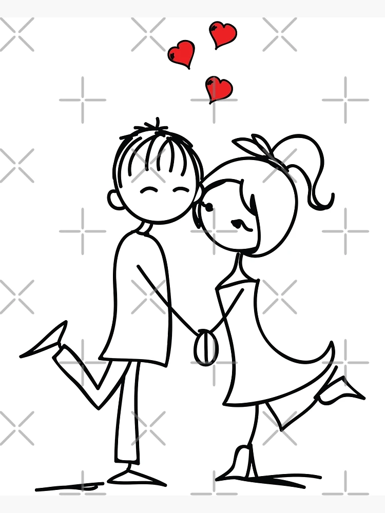 Funny romantic stick couple holding hands, minimal line art drawing, couple  in love art print Jigsaw Puzzle