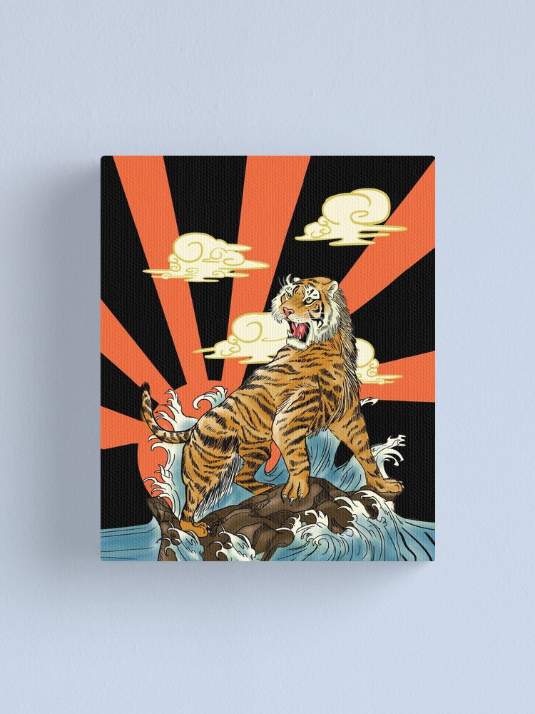Roaring Tiger above Tsunami Wave in Japanese Ukiyo Woodblock Art