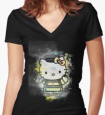 Camiseta entallada de cuello en V Hello Kitty inspiró diseño con arte de acuarela