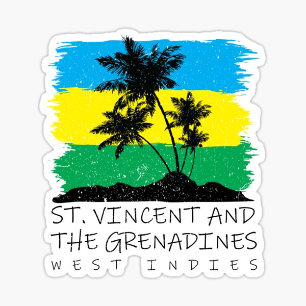Artikel-Vorschau von St. Vincent und die Grenadinen Nationalfarben im Hintergrund der Palmensilhouette, designt und verkauft von IdentiTee Studios.